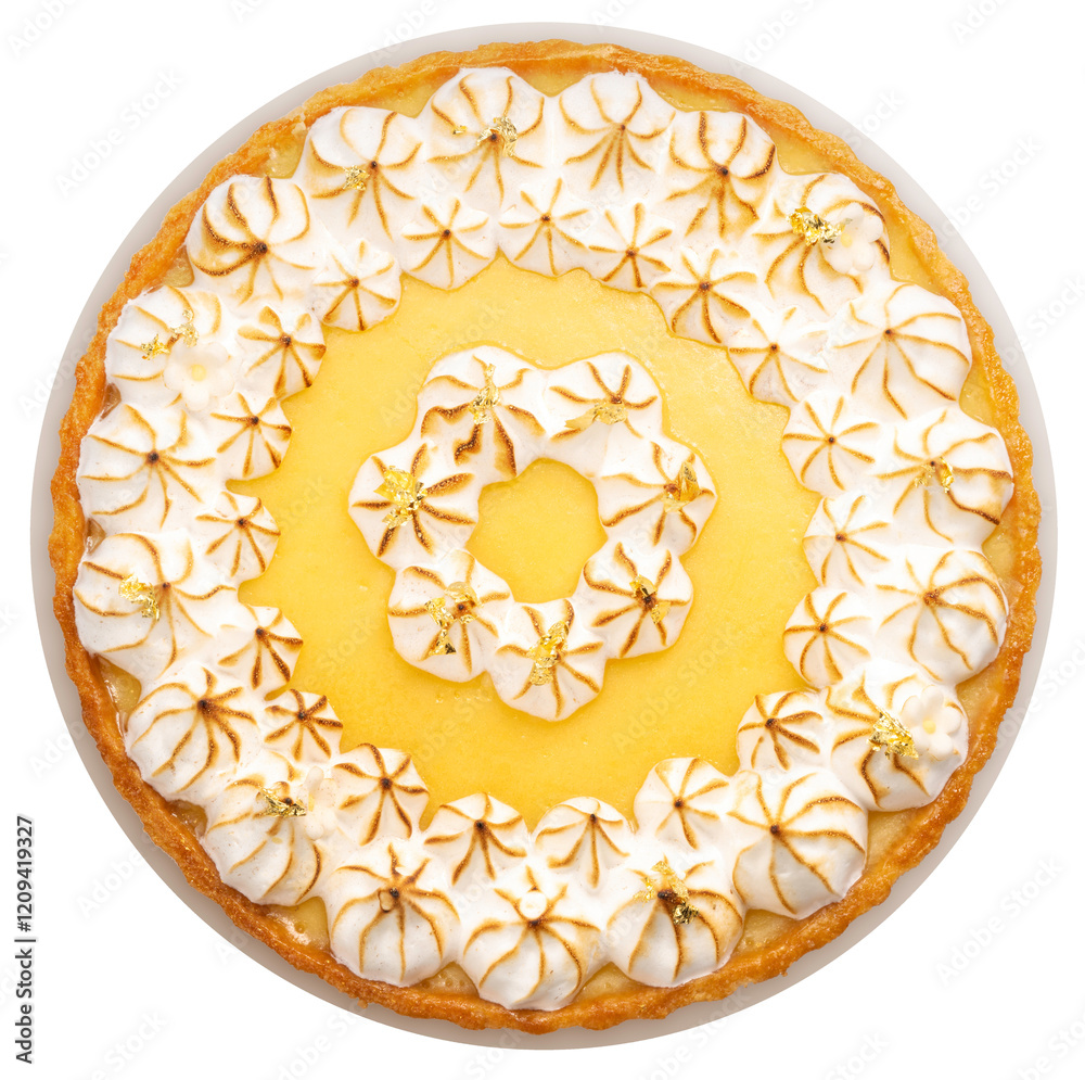 Fototapeta premium Lemon Jelly Meringue Tart isolated on white background. Lemon Jelly Meringue Tart with gold leaf covers the top isolated on white background PNG File.