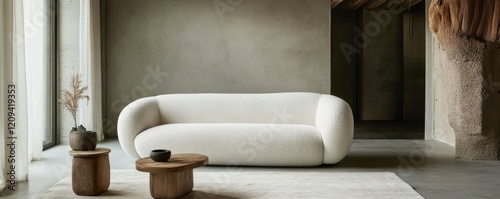 Minimalist, loft, japandi style interior design of living room. Modern white boucle sofa in a living room with concrete wall and beam ceiling and wooden side table, minimal decor