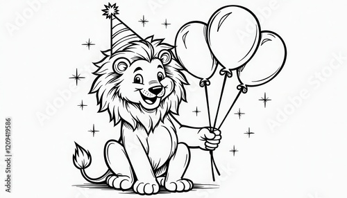 Black and White Lion in Party Hat Against White Background photo