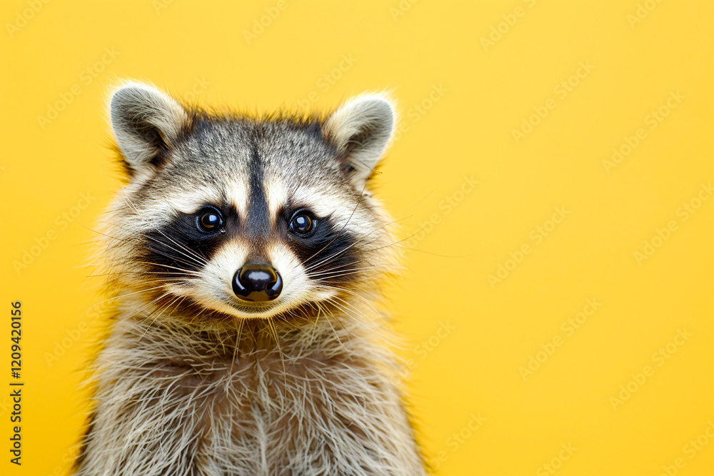 A curious raccoon with expressive eyes poses against a clean yellow background. A curious raccoon with expressive eyes poses against a clean yellow background.