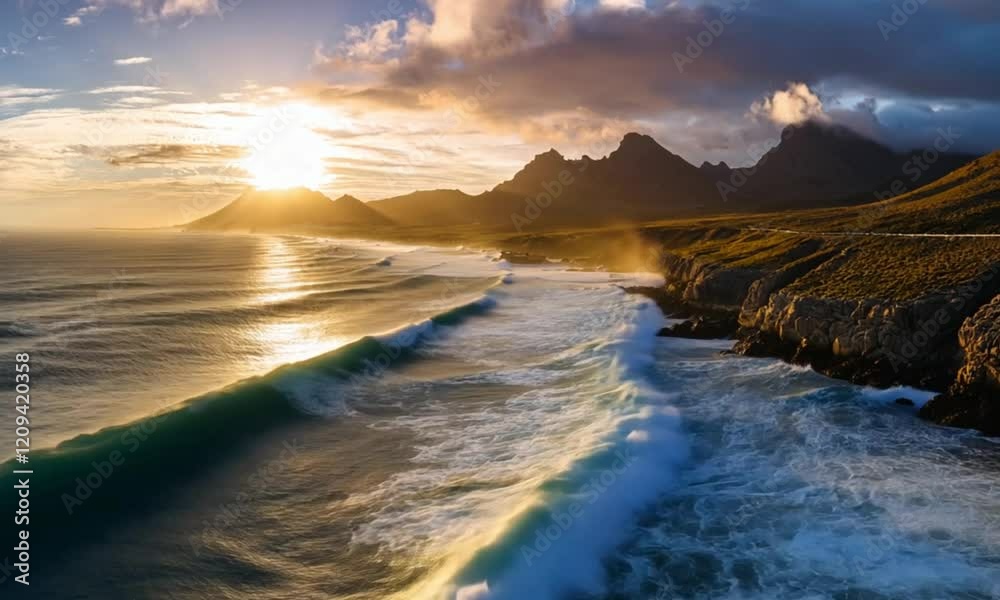 Aerial View of Waves Crashing on rocks in the ocean with mountains
Aerial View of Waves Crashing on rocks in the ocean with mountains