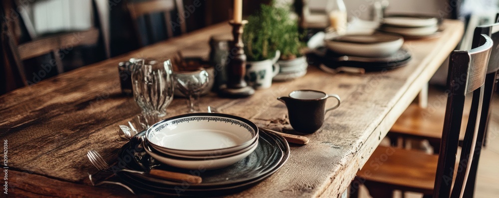 Rustic dining table setup with homemade dishes and vintage cutlery.