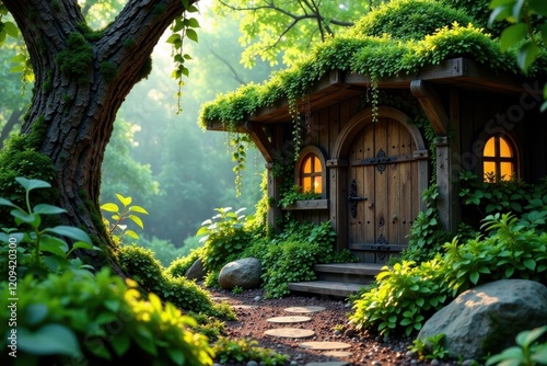 Moss and vines entwine ancient wooden beams of a whimsical forest dwelling , moss, vines