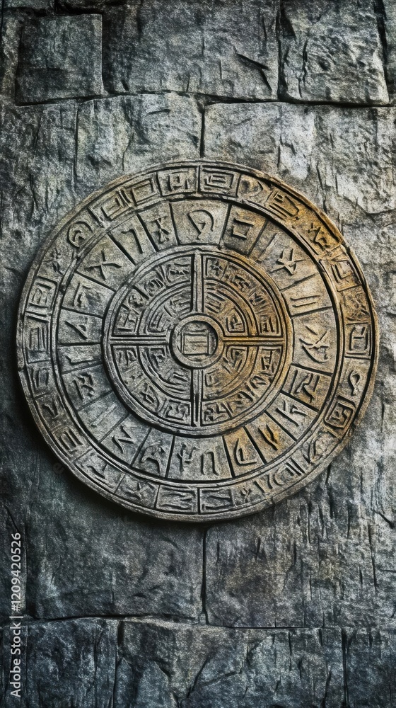 Ancient Stone Wheel of Time - Mysterious Carvings on a Stone Wall Ancient Stone Wheel of Time - Mysterious Carvings on a Stone Wall