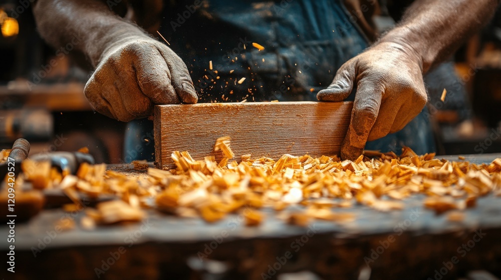 Skilled Craftsman Shaping Wood with Precision Tools in Workshop Surrounded by Wood Shavings and Shimmering Light Creating a Warm Atmosphere for Craftsmanship Skilled Craftsman Shaping Wood with Precision Tools in Workshop Surrounded by Wood Shavings and Shimmering Light Creating a Warm Atmosphere for Craftsmanship