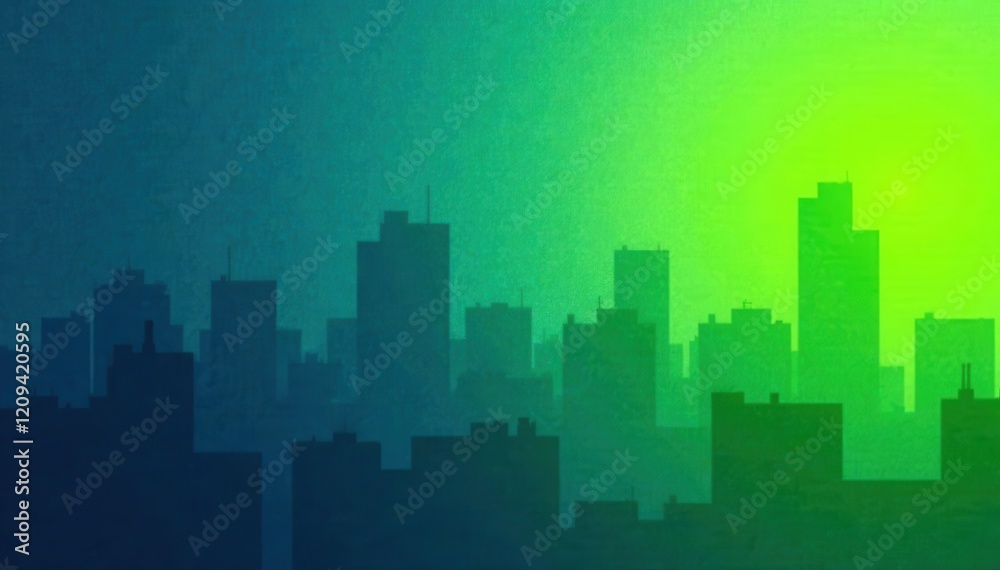 Fototapeta premium Navy blue and lime green gradient background with grainy texture, featuring a blurred cityscape at dusk , urban landscape, atmospheric conditions