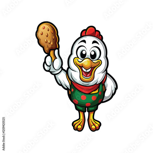 Design a friendly, cartoon chicken character with a big smile and bright, colorful feathers.  The chicken should have a playful and approachable personality.
