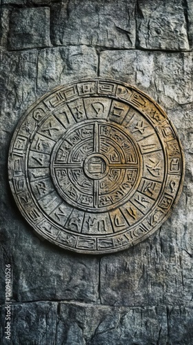 Ancient Stone Wheel of Time - Mysterious Carvings on a Stone Wall photo