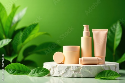 Natural beige cosmetics arranged on a stone podium with lush green leaves as background , cosmetics, productdisplay photo