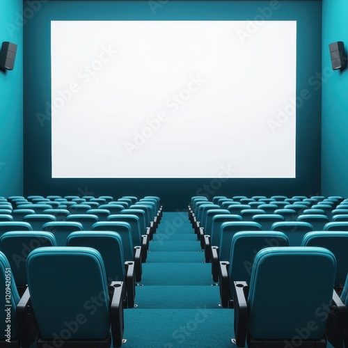 A modern cinema interior featuring teal seats, a blank screen, and a spacious layout, ideal for movie presentations. photo