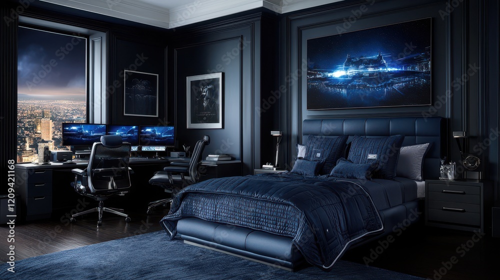 Fototapeta premium Modern Luxury Bedroom with Elegant Design and View Over Cityscape at Night