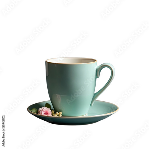Green teacup with floral saucer isolated on Transparent 