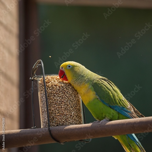 A portrait of a bright colorful parrot. lori Parrot on the wood in the zoo Thailand casal papagaios piriquitos verdes Cute yellow parakeet in the huge cage, captive photo