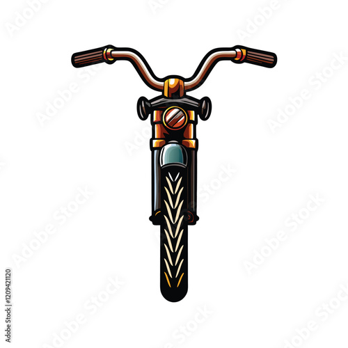 A striking front view of a motorbike with a stylized handlebar, capturing the sleek lines and chrome accents.