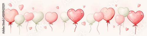 Cute anime-style watercolor banner with pink hearts and balloons for art shop