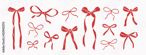 Hand drawn elegant red bows and ribbons. Minimalist drawing sketch. Vintage vector illustration. Perfect for holiday poster, greeting cards, wedding invitations, branding, logo.