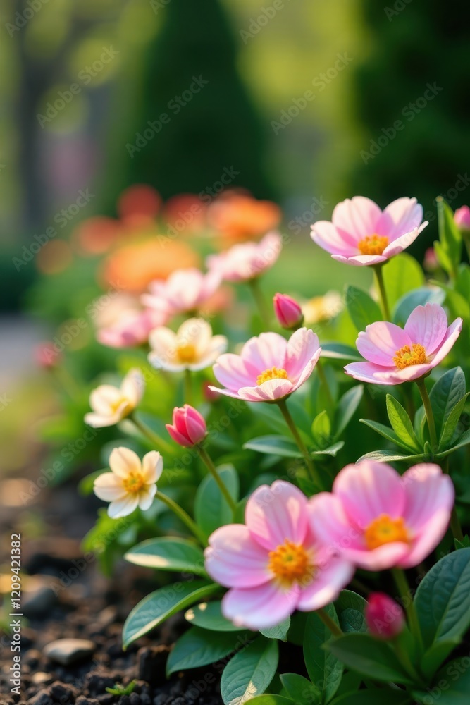 Pastel hued flowers line a beautifully maintained spring border with lush greenery, gardening, pastel flowers Pastel hued flowers line a beautifully maintained spring border with lush greenery, gardening, pastel flowers