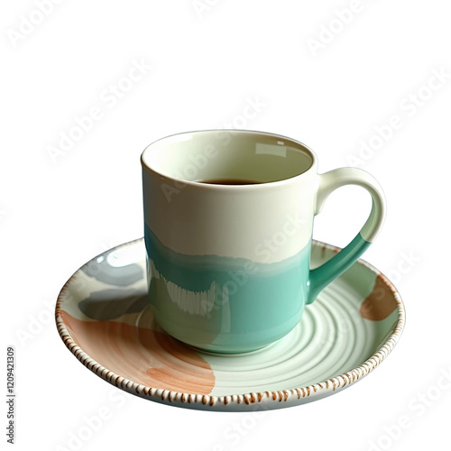 Green ceramic mug and saucer isolated on a clean background