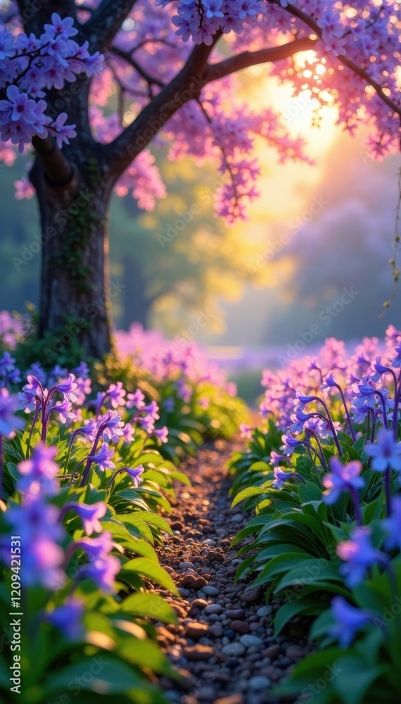 Obraz premium Peach morning light dances among delicate bluebells and wisteria in full bloom, wisteria blossoms, nature scenery