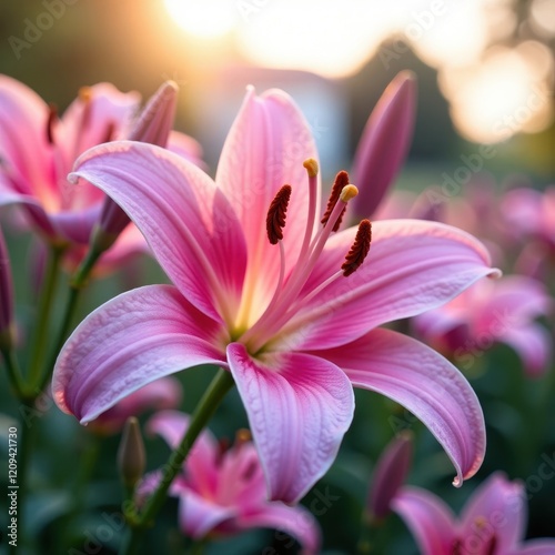 Pink lily flower blooming in a serene garden at dawn, peaceful, garden