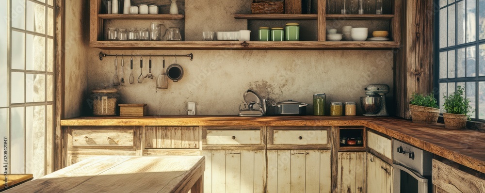 Rustic farmhouse kitchen with natural wooden counters and vintage decor. Rustic farmhouse kitchen with natural wooden counters and vintage decor.