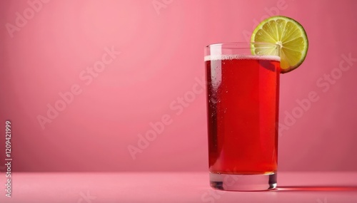 Red liquid in tall clear glass with a wedge of green lime at the rim, highball glass, colorful