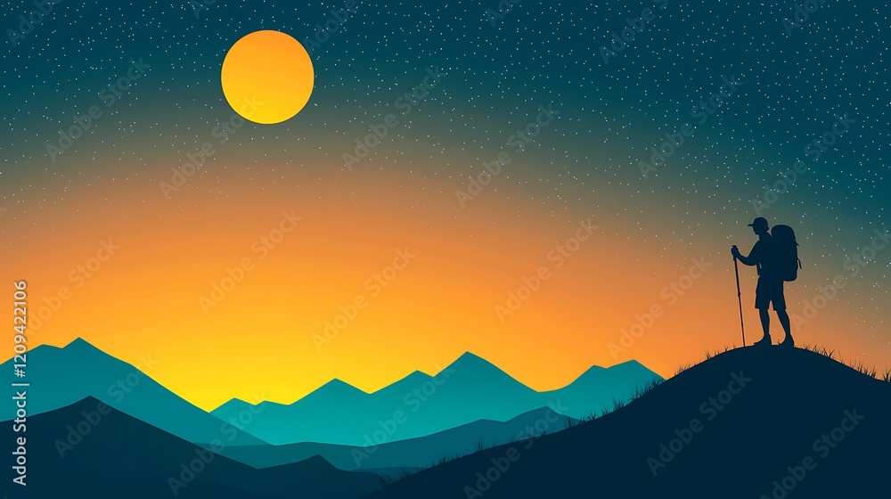 Fototapeta premium Aurora Australis or Aurora Borealis with a hiker's silhouette