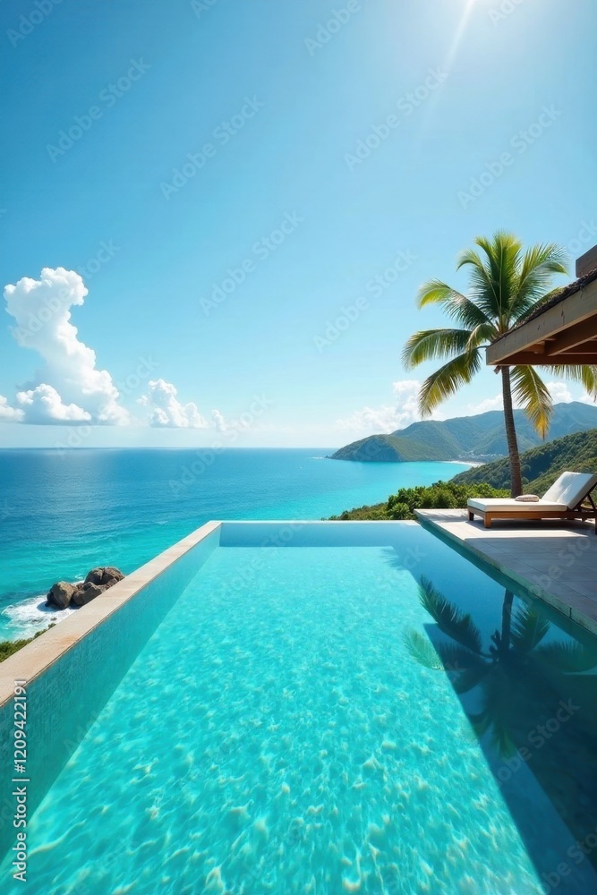 Reflections of turquoise water in infinity pool at luxury resort overlooking a tranquil oceanic vista , luxury, view Reflections of turquoise water in infinity pool at luxury resort overlooking a tranquil oceanic vista , luxury, view