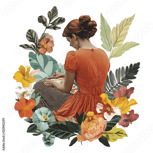 Collage illustration of a woman sitting on the floor, embroidering. The background