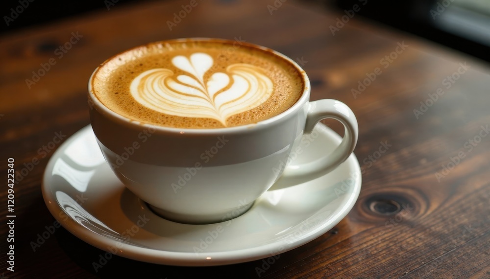 Rich cappuccino with intricate foam art design on top, cup, latte Rich cappuccino with intricate foam art design on top, cup, latte