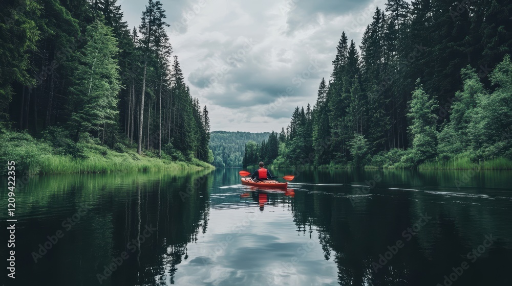 Adventurous Kayaking on Calm Lake Surrounded by Lush Greenery Adventurous Kayaking on Calm Lake Surrounded by Lush Greenery