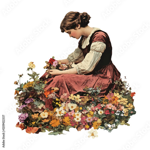 Collage illustration of a woman sitting on the floor, embroidering. The background