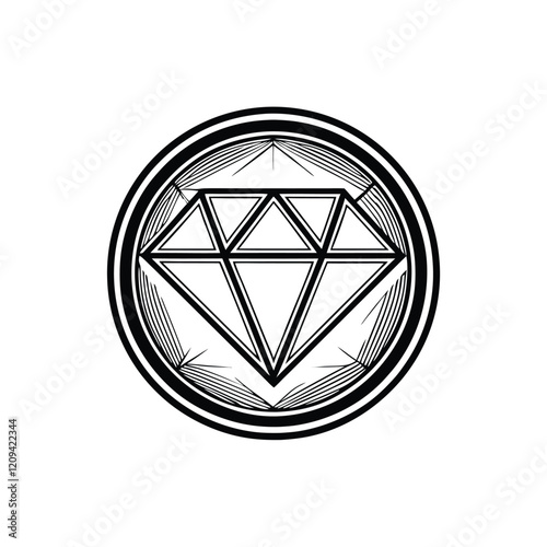 A minimalist design featuring a geometric diamond shape perfectly centered inside a circle. The design should be suitable for use as a logo or symbol for a jewelry store.