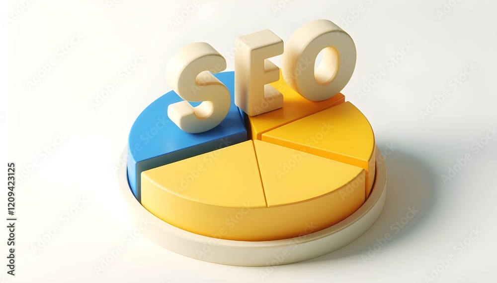 SEO text with segmented pie chart in yellow, blue, and beige on white background. 3D Rendering SEO text with segmented pie chart in yellow, blue, and beige on white background. 3D Rendering
