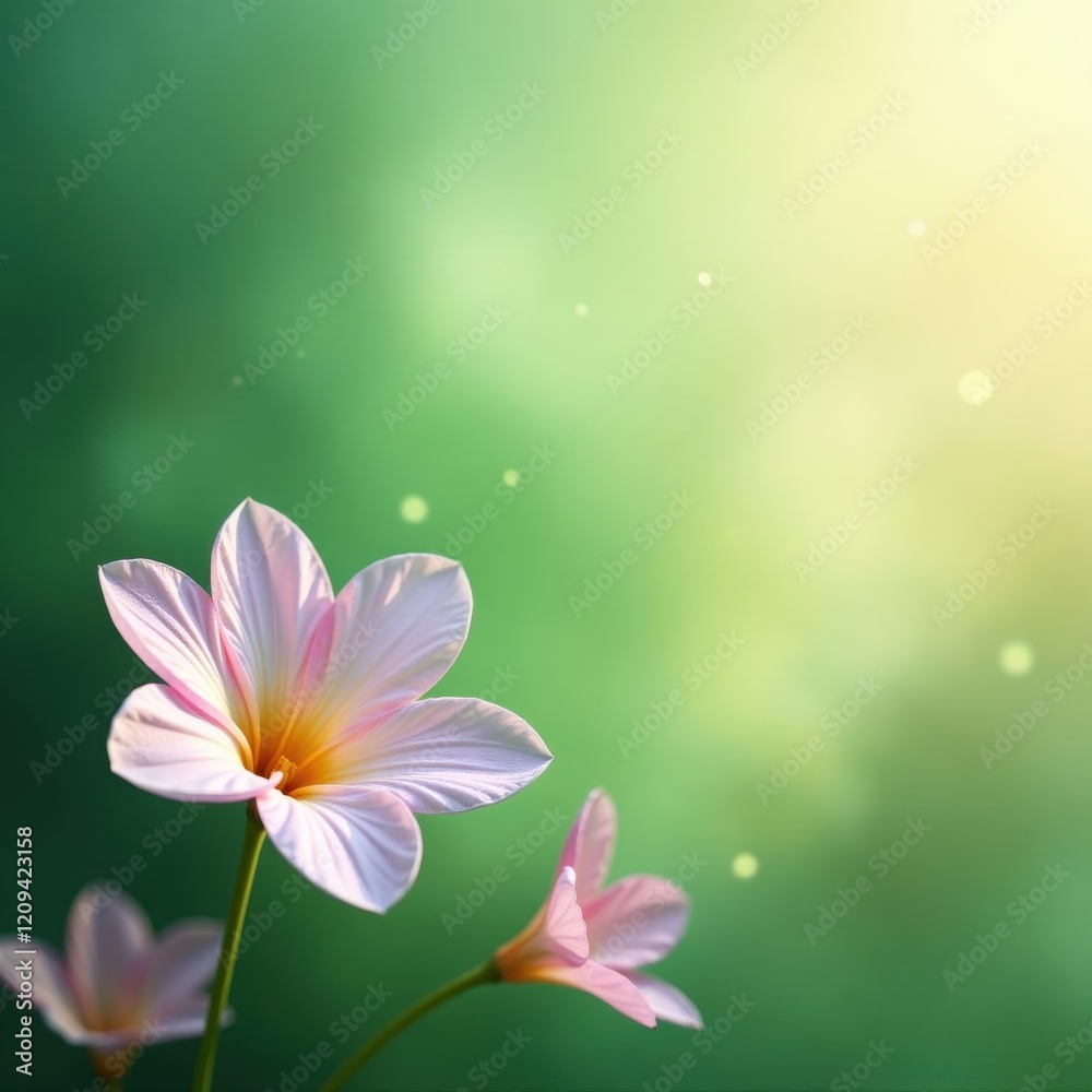 Silky green mist swirls through iridescent flowers, vibrant, surreal