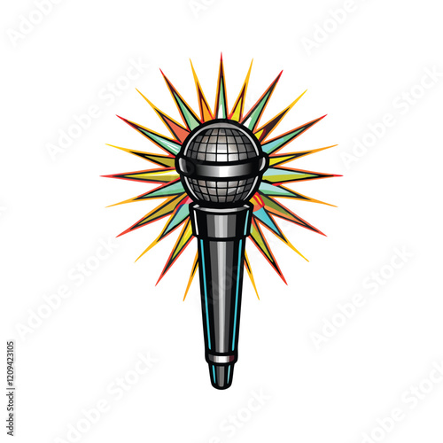 A stylized microphone rendered in a geometric style, with radiating beams of light emanating from it.