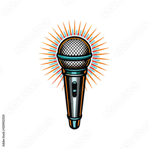 A minimalist geometric microphone with rays of light emanating from it.