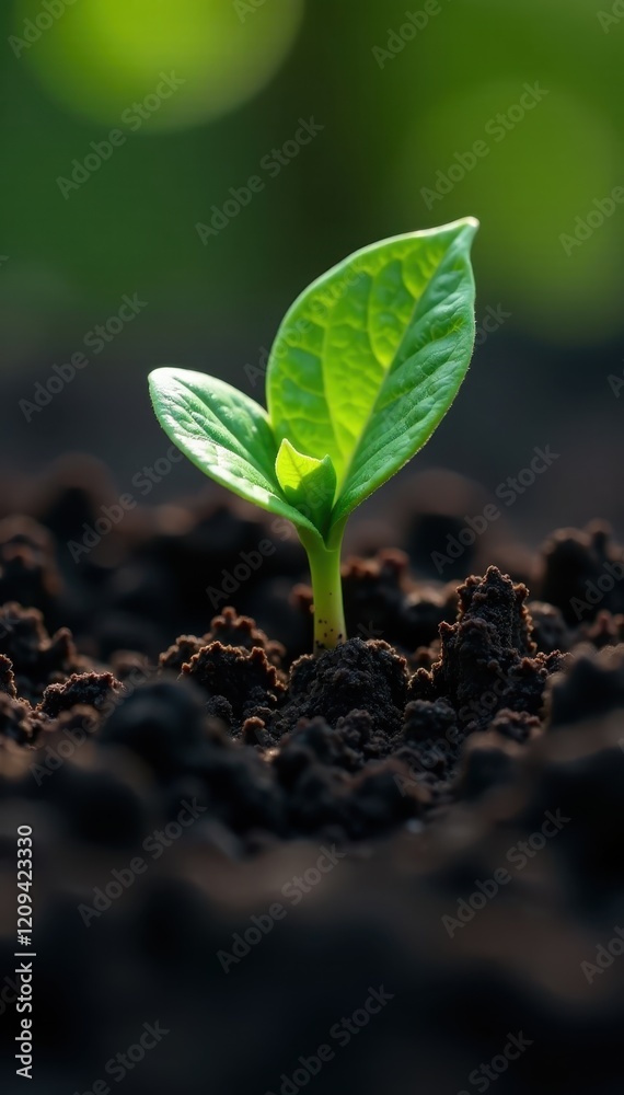 Fototapeta premium Small green shoot breaks through darkened soil layers, vegetation, earth