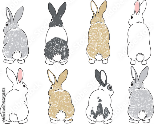 様々な毛色のウサギの後ろ姿の手書きイラスト