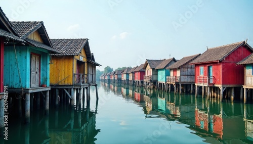 Traditional wooden stilt houses on Tonle Sap lake, water, stilt
