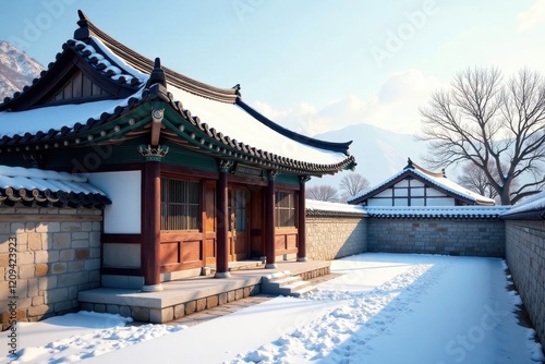 Wallpaper Mural Traditional Korean Hanok house with intricate tile roofs and snow-covered walls, korean culture, architectural details Torontodigital.ca