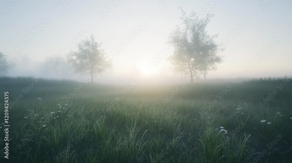 custom made wallpaper toronto digitalMisty morning landscape with soft sunlight peeking through trees and lush greenery.