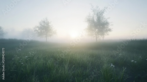 Wallpaper Mural Misty morning landscape with soft sunlight peeking through trees and lush greenery. Torontodigital.ca