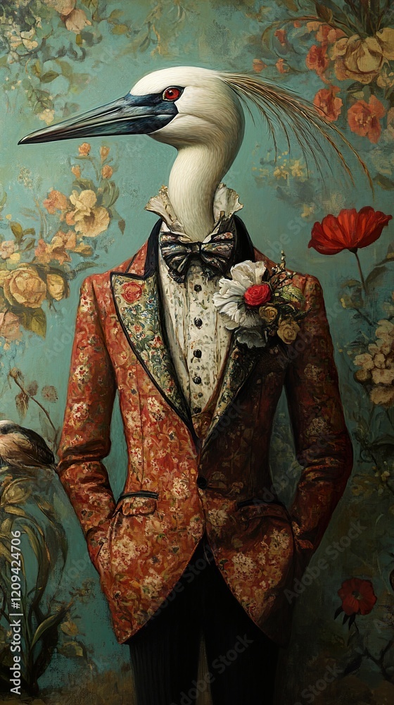 Naklejka premium Elegant Crane in Vintage Suit: A Floral Masterpiece