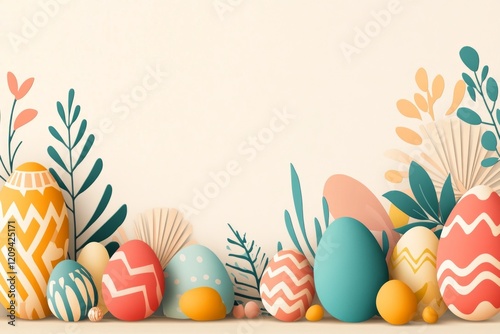 Modern Easter card showcasing vibrant eggs with bold patterns and clean lines in a stylish minimalist design for festive celebrations