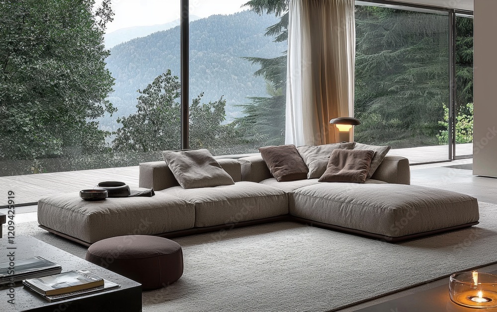 A stylish taupe-colored modern sofa in a bright, minimalistic living room with soft fabrics and muted tones A stylish taupe-colored modern sofa in a bright, minimalistic living room with soft fabrics and muted tones