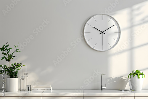 Fototapeta Naklejka Na Ścianę i Meble -  A blank white wall clock showcased in a clean minimalist kitchen setting, sleek design, soft natural light, subtle shadows, high detail, modern aesthetic. Generative Ai.