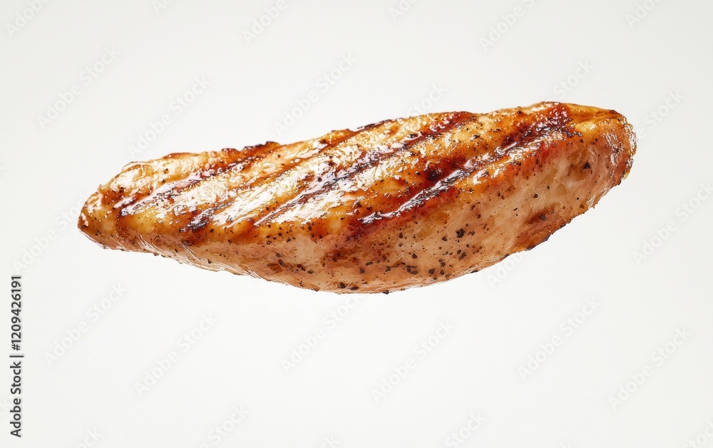 A marinated chicken tender floating mid-air on a bright, crisp white background A marinated chicken tender floating mid-air on a bright, crisp white background