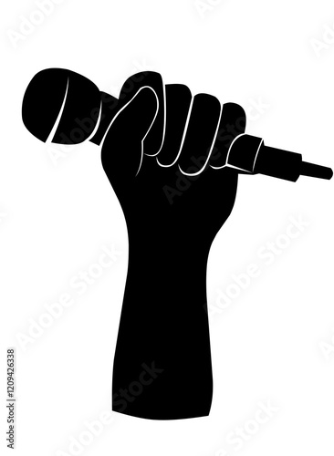 Set of monochrome microphones. Karaoke related design elements. Minimalist graphic set of retro microphones. Vintage vector illustration.clenched hands while holding a microphone, mic or microphone.