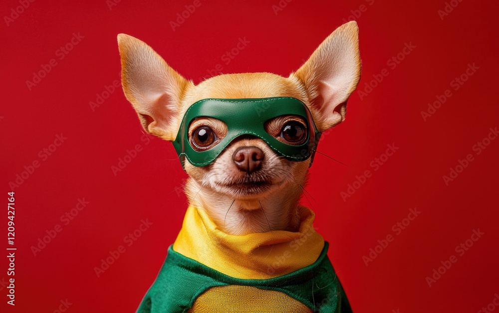 A tiny chihuahua dressed as a superhero in a green and yellow outfit with a miniature mask, standing on a bold red backdrop A tiny chihuahua dressed as a superhero in a green and yellow outfit with a miniature mask, standing on a bold red backdrop